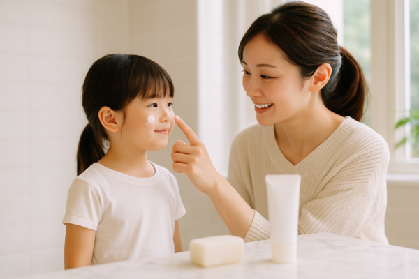 親子で楽しく日焼け止めを塗っている