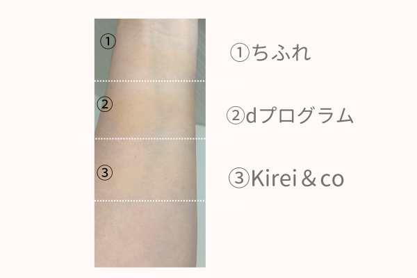 3つのファンデーションスウォッチしている腕