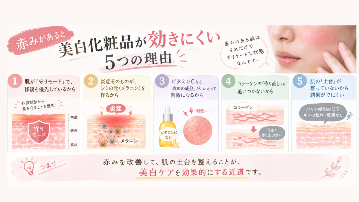 赤みがあると美白化粧品が効きにくい5つの理由の一覧図