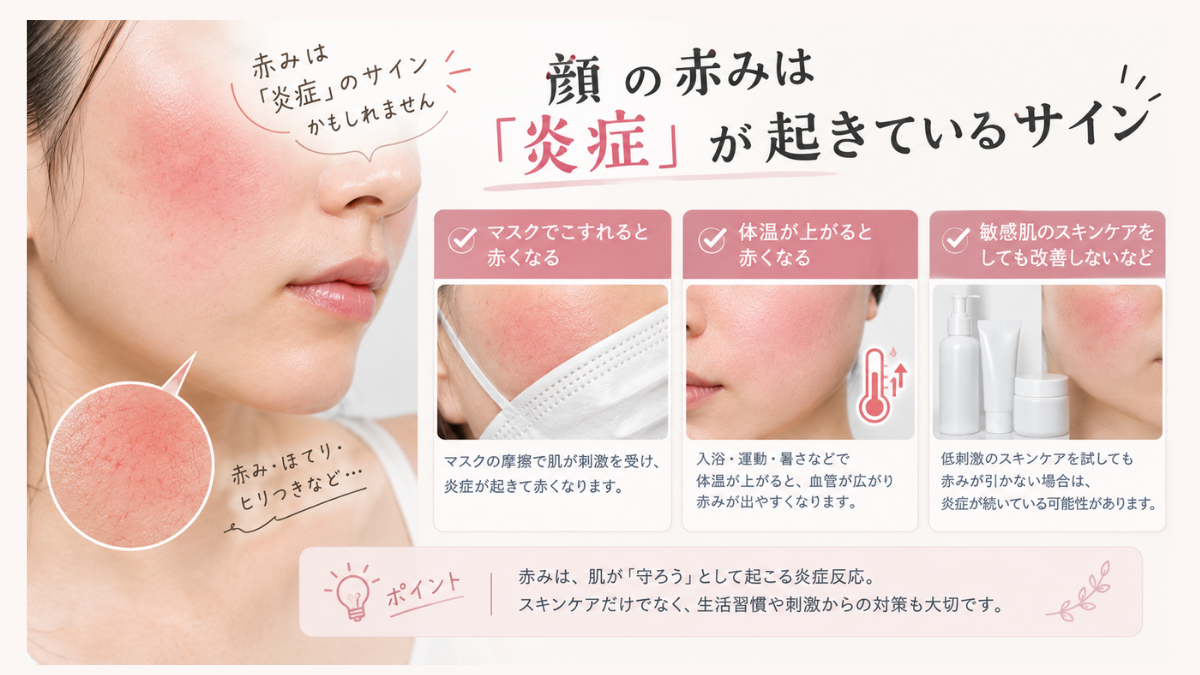 顔の赤みは炎症が起きているサイン。マスクの摩擦・体温の上昇・敏感肌ケアで改善しない赤みの例