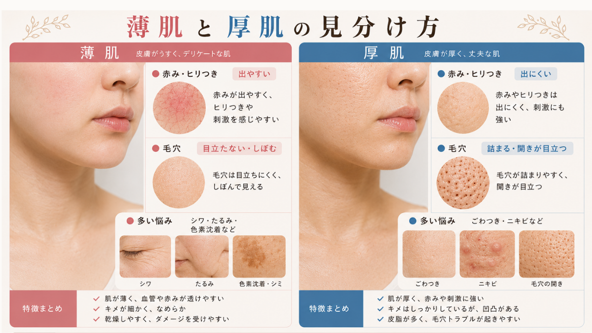 薄肌と厚肌の見分け方。薄肌は赤み・ヒリつきが出やすく毛穴は目立たずしぼむ、悩みはシワ・たるみ・色素沈着。厚肌は刺激に強く毛穴の詰まり・開きが目立ち、悩みはごわつき・ニキビ・毛穴の開き