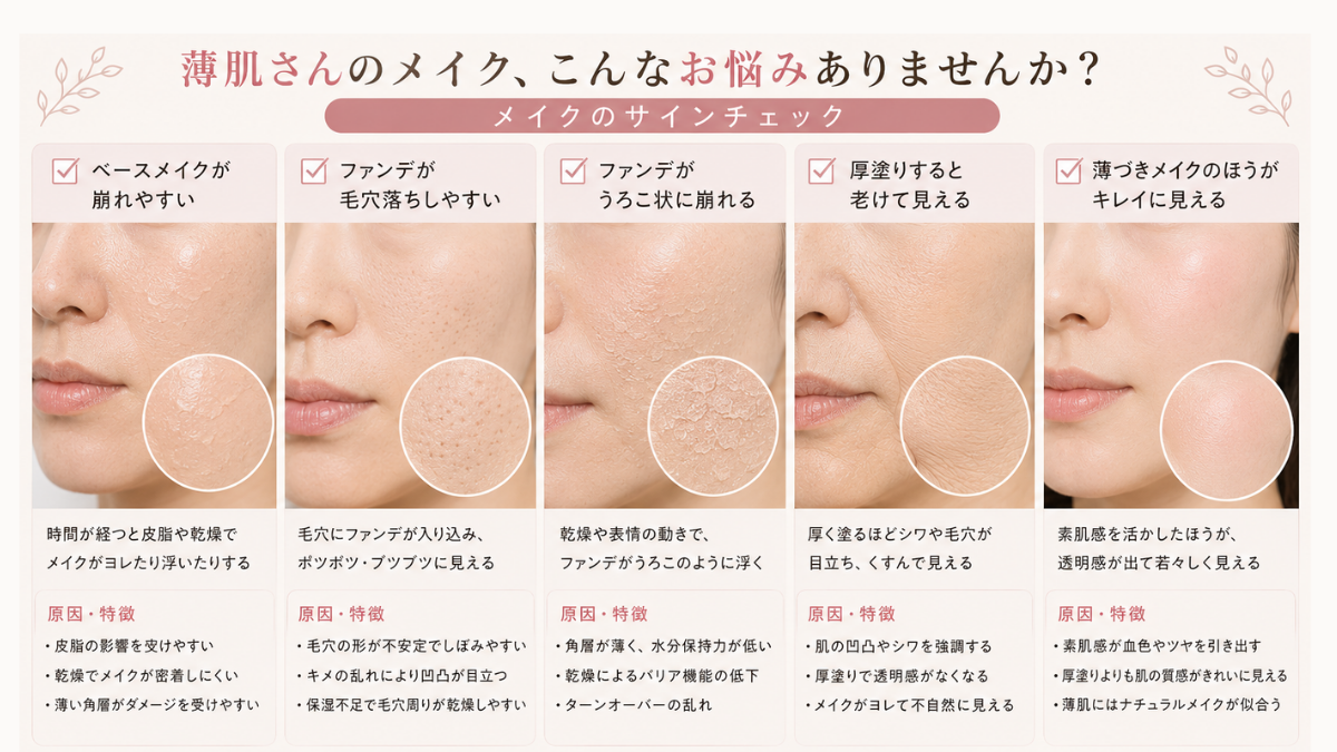 薄肌さんのメイクのお悩みチェック。ベースメイクが崩れる、ファンデが毛穴落ち、うろこ状に崩れる、厚塗りで老けて見える、薄づきのほうがキレイに見える、といった症状を写真で示した図