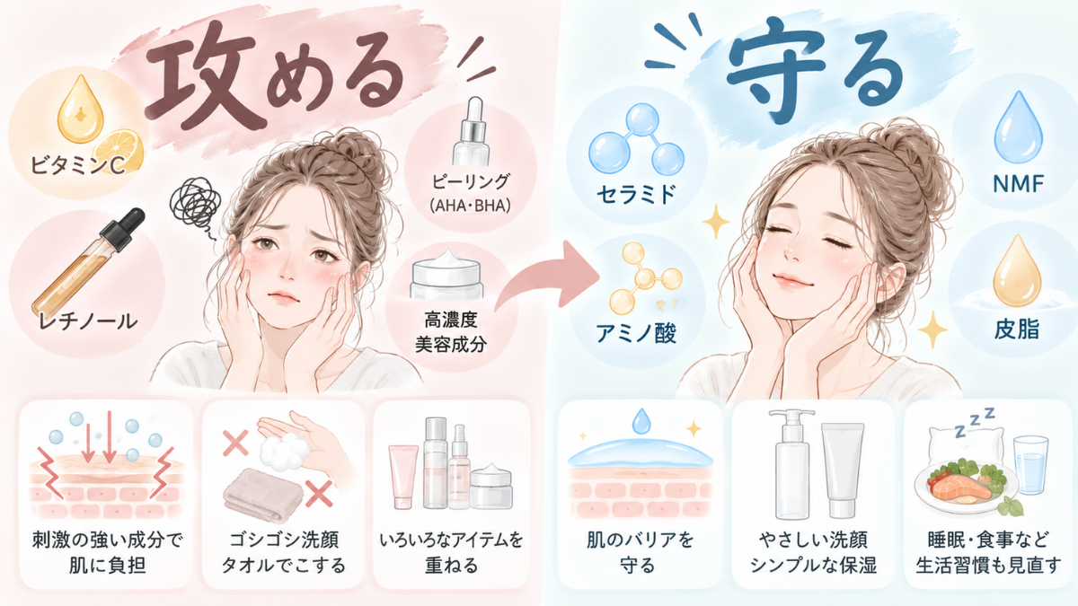 スキンケアを「攻める」から「守る」へ切り替えるポイントの比較図解