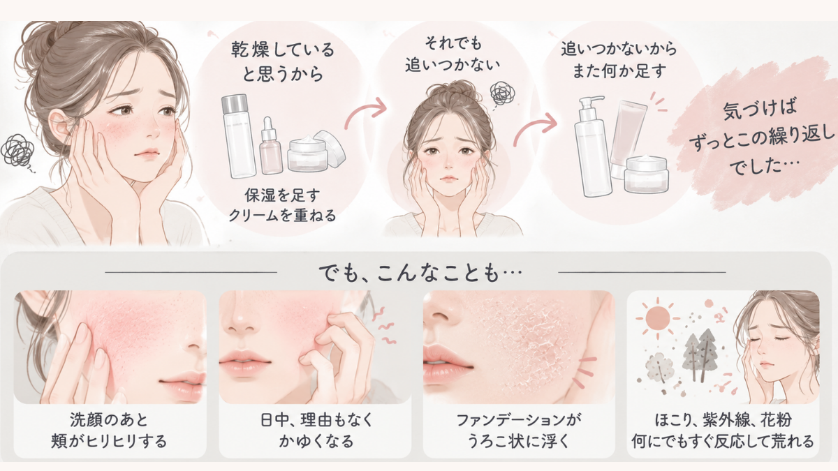 保湿を足しても追いつかず、洗顔後のヒリヒリ・かゆみ・うろこ状の乾燥が続く様子のイラスト