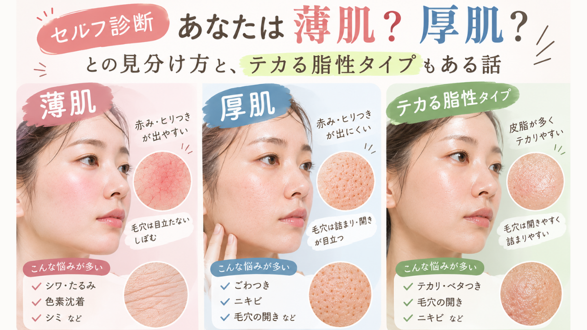 【セルフ診断】あなたは薄肌？厚肌？ 薄肌・厚肌・テカる脂性タイプを顔と症状の写真で比較した図