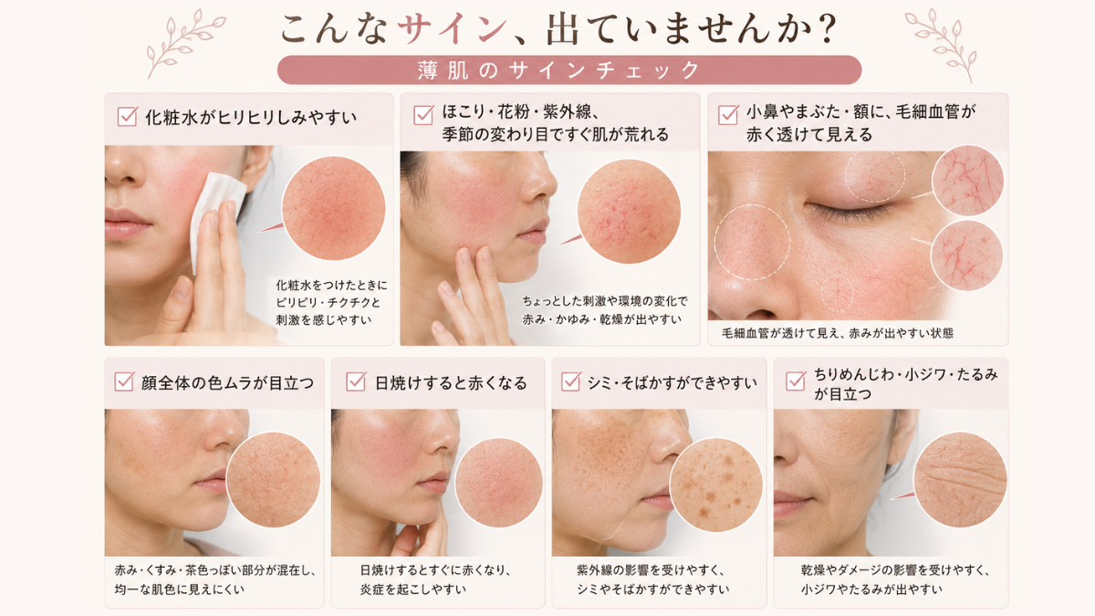 薄肌のサインチェック。化粧水がしみる、季節の変わり目で荒れる、毛細血管が透ける、顔全体の色ムラ、日焼けで赤くなる、シミ・そばかす、ちりめんじわやたるみといった症状を写真で示した図